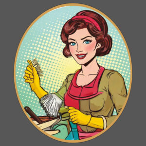 Frau mit rotem Haar, lächelnd, Retro-Stil, gelbe Handschuhe, Putzutensilien, gepunkteter Hintergrund.