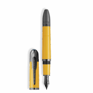 Gelblicher Füller mit schwarzer Kappe, silberner Feder und modernen Designelementen.
