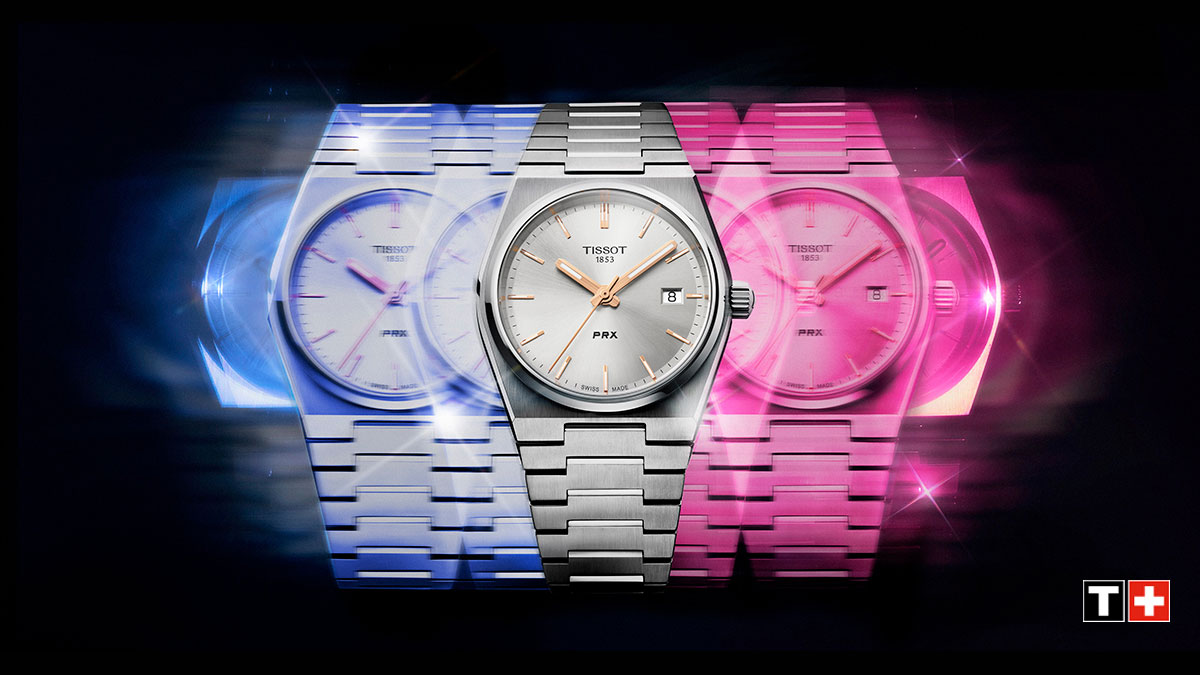 Drei Armbanduhren in Blau, Grau und Rosa, vorderste Uhr zeigt 10:09, Ansicht von vorne.