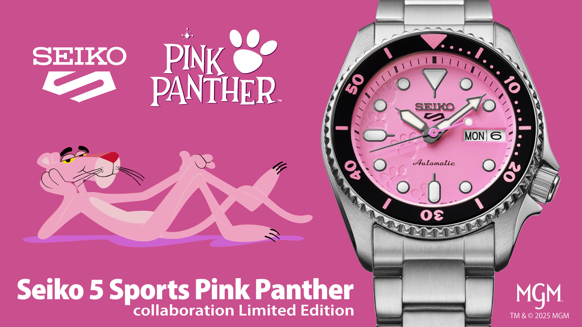 Eine limitierte Seiko Uhr in Pink mit der entspannten Cartoonfigur Pink Panther