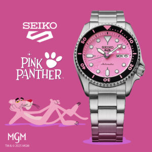 Eine Seiko Uhr mit pinkem Zifferblatt und dem Pink Panther neben ihr auf rosa Hintergrund