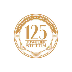 Goldfarbenes Jubiläumslogo mit Kreis und geometrischen Akzenten für Juwelier Stettin